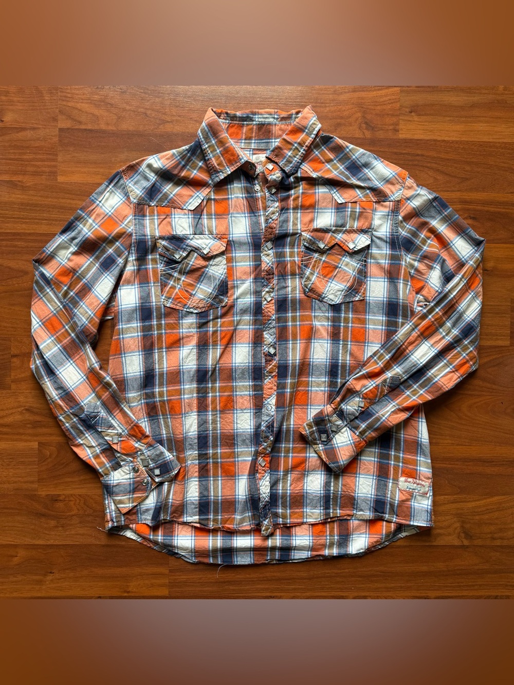 Y2K True Religion "Rocky Western" Pearl Snap Shirt 4XL Orange/Blue/White USA